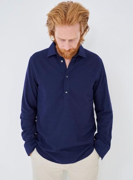 Recycled Italian Flannel Navy Popover Cut Away Shirt